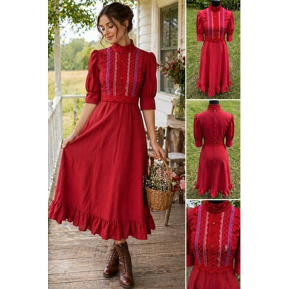 Vintage 70s Prairie Dress Red Lace High Neck Cottagecore Victorian XS S Button B
